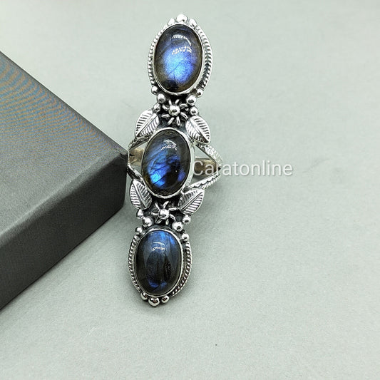 Labradorite  Sterling Silver Ring ,blue Gemstone Silver ring, 925 Siver gemstone ring , Tirple Stone ring , big size ring , handmade ring
