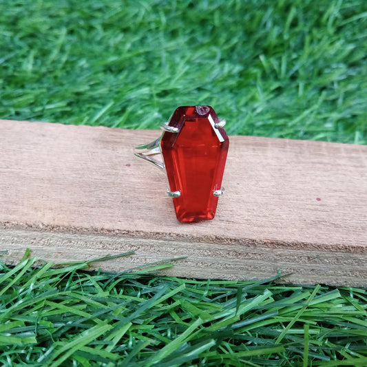Indrow Red Glass Coffin Shape Sterling Silver Ring  - Hand Crafted Coffin Shape Ring - Bohemian  Red Glass Glass Ring - Gift for her