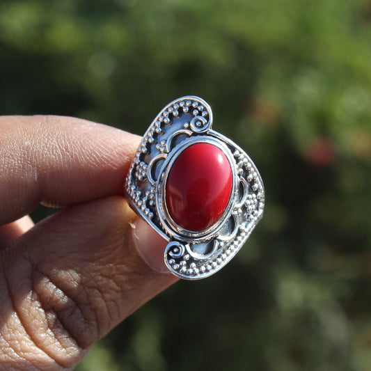 Boho Statement Ring -Coral stone  Sterling Silver Ring - Hand Crafted Bohemian Ring - Bohemian Ring Coral Ring - Rings - Gift for