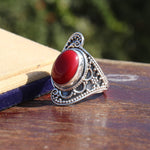 Boho Statement Ring -Coral stone  Sterling Silver Ring - Hand Crafted Bohemian Ring - Bohemian Ring Coral Ring - Rings - Gift for