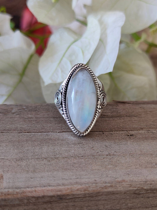 Boho  Ring - Rainbow Moonstone Sterling Silver Ring - Hand Crafted Bohemian Ring-Bohemian Ring - Rainbow Moonstone  - Rings -Gift for her