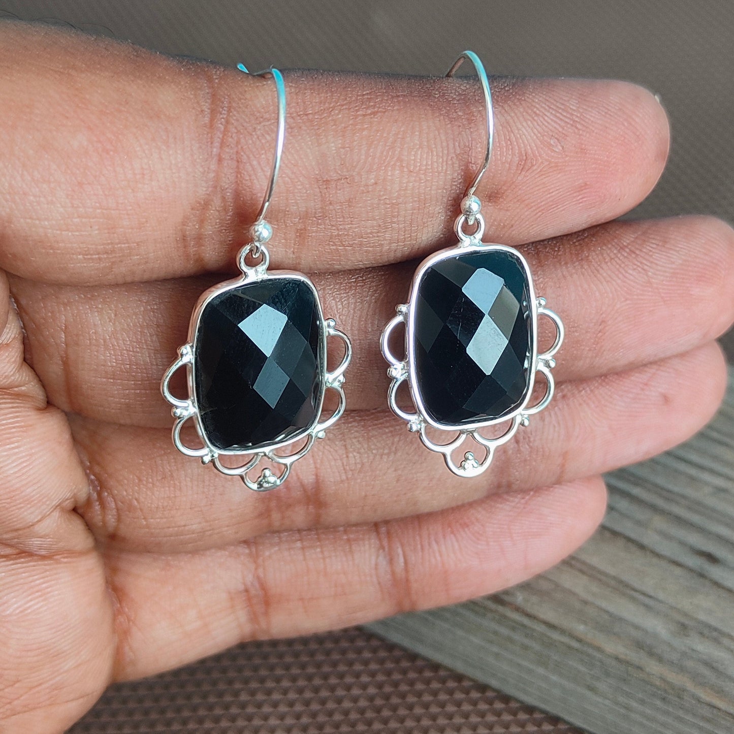 Black Onyx Sterling Silver Handmade Earring Black Onyx stone Daily wearable Earrings in Square Shape Boho Earrings Gift for Her