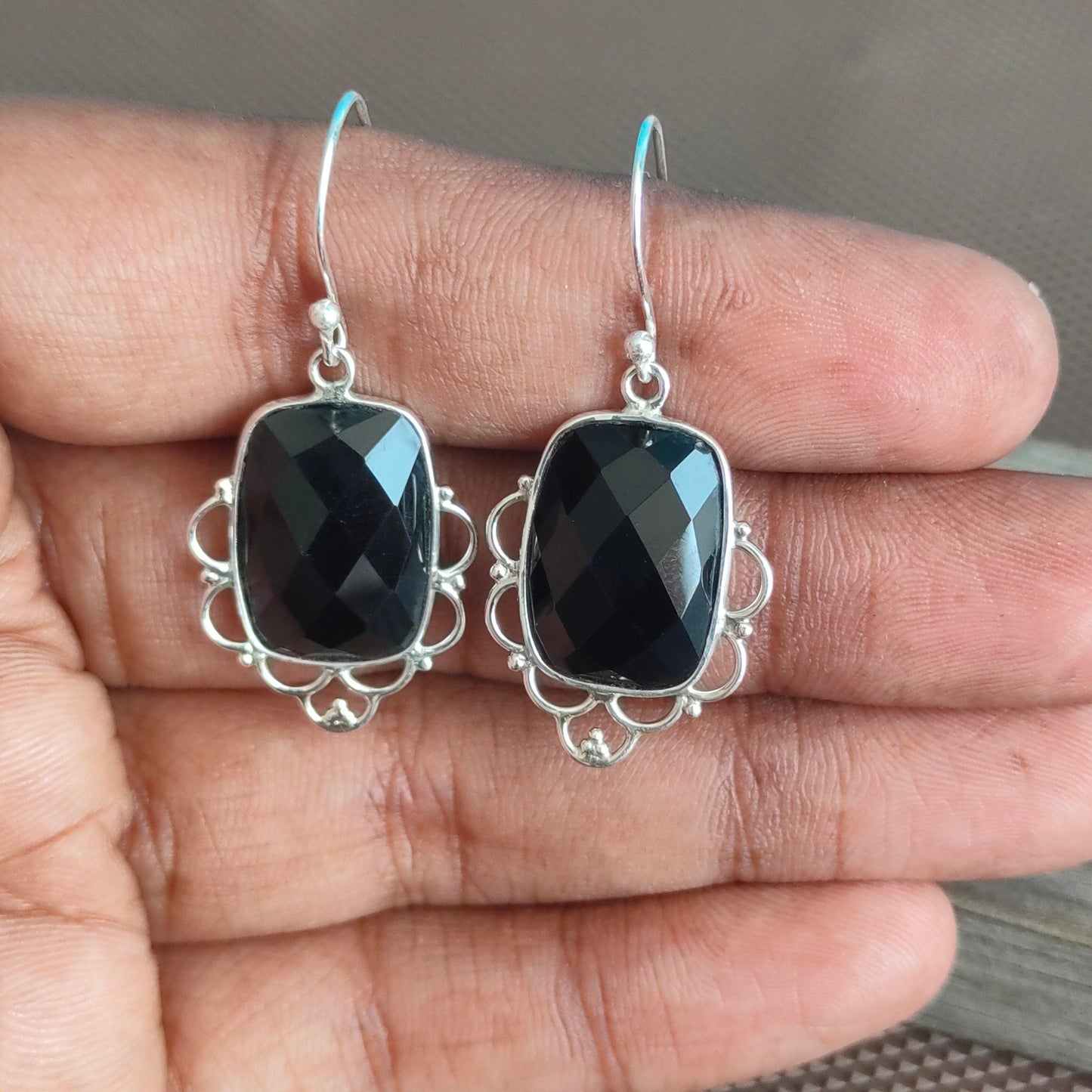 Black Onyx Sterling Silver Handmade Earring Black Onyx stone Daily wearable Earrings in Square Shape Boho Earrings Gift for Her