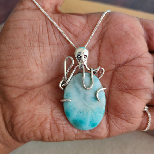 Larimar stone octopus designed necklace , handmade octopus pendant , Larimar pendant , natural larimar stone pendant , design pendant