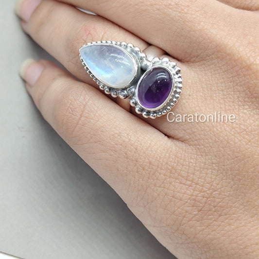 Moonstone and Amethyst Dual stone ring ,925 sterling silver ring ,  Dual stone, handmade bohemian ring , Moonstone and Amethyst silver ring