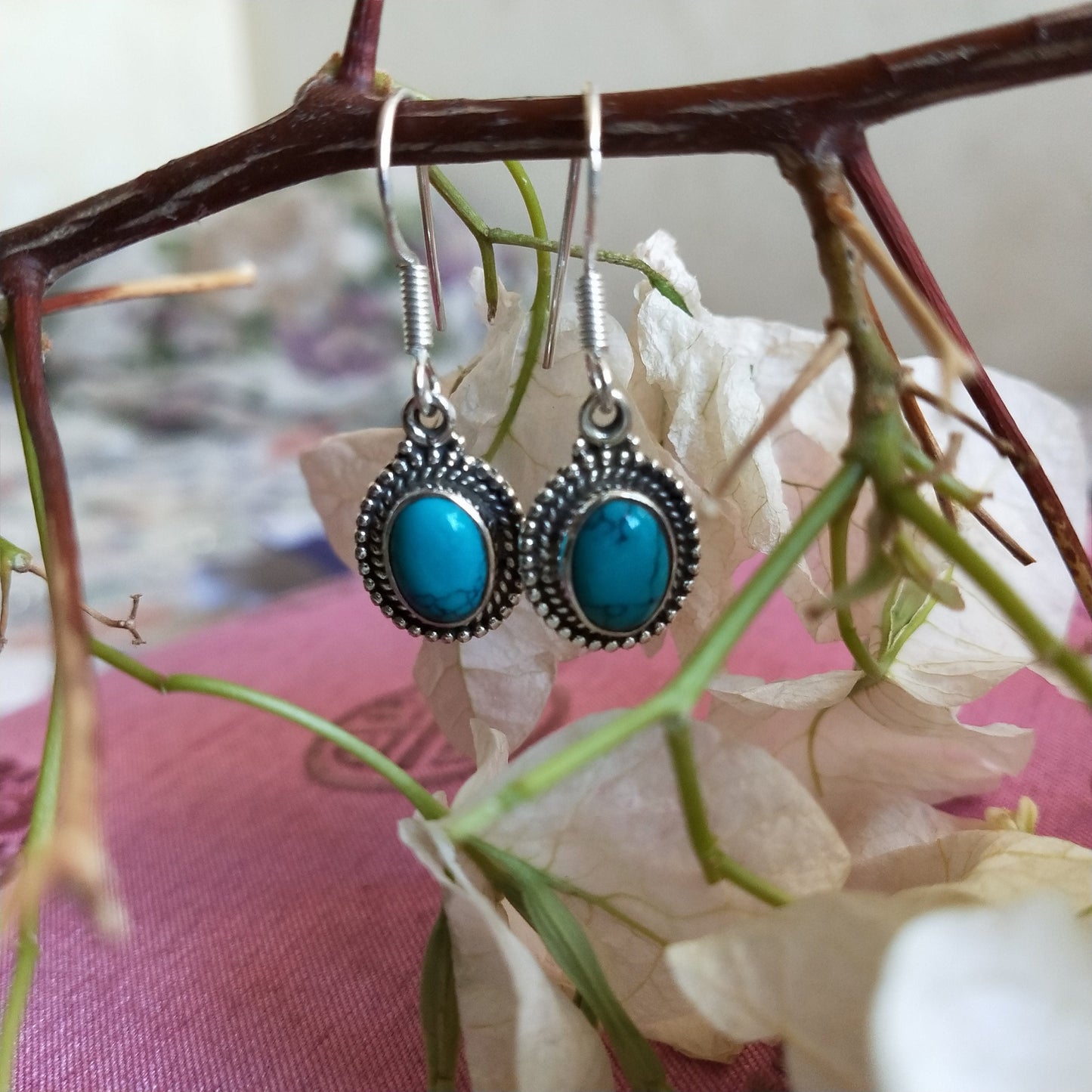 Turquoise Sterling Silver Handmade Earring | Turquoise Stone |  oval Shape | Silver Earrings | Boho Earrings Gift for Her