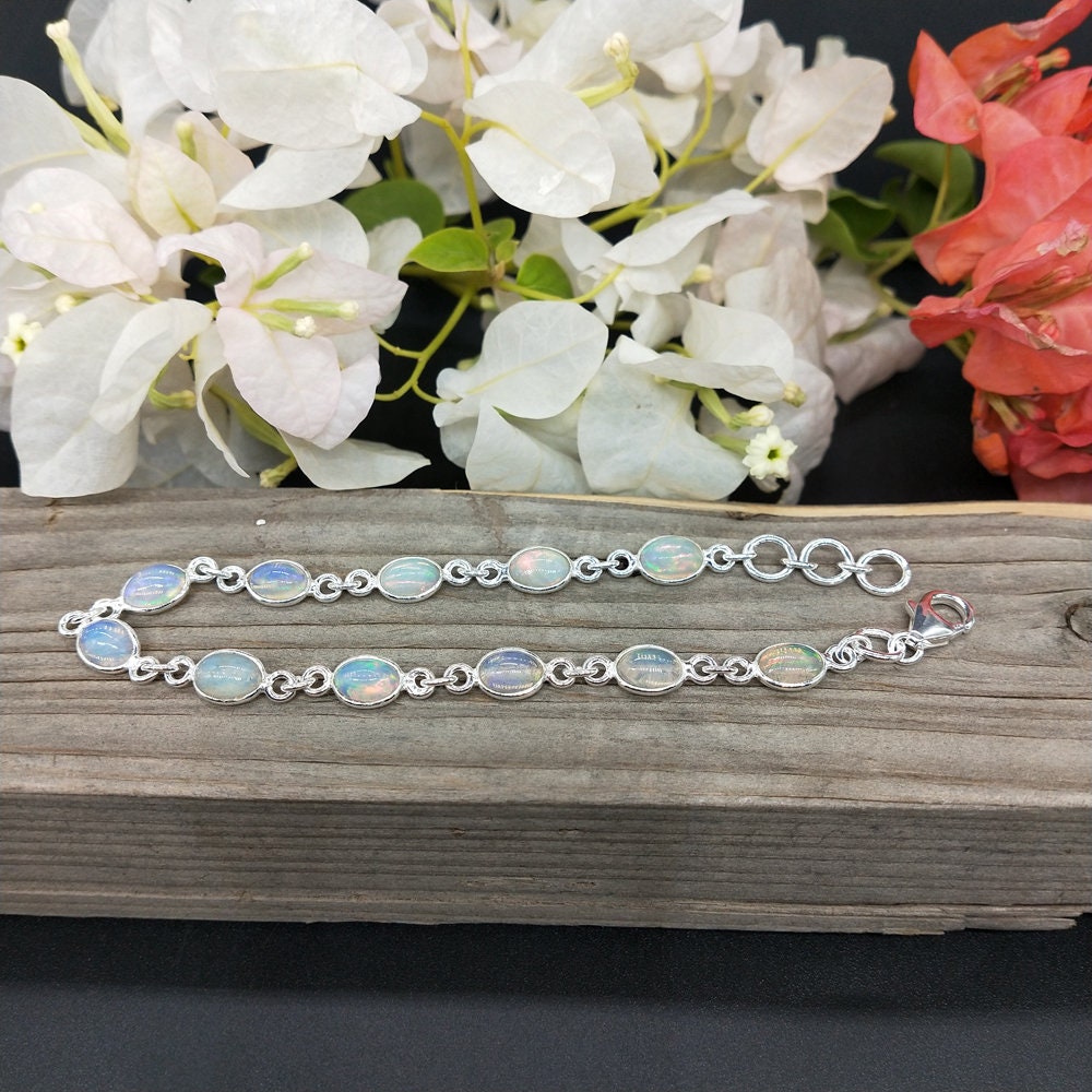 Opal Gemstone Silver bracelet - Silver Beaded Bracelet - 925 Silver Bracelet - Dainty Silver Bracelet for Women Bracelets-Silver,Opal stone