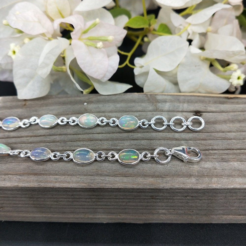 Opal Gemstone Silver bracelet - Silver Beaded Bracelet - 925 Silver Bracelet - Dainty Silver Bracelet for Women Bracelets-Silver,Opal stone