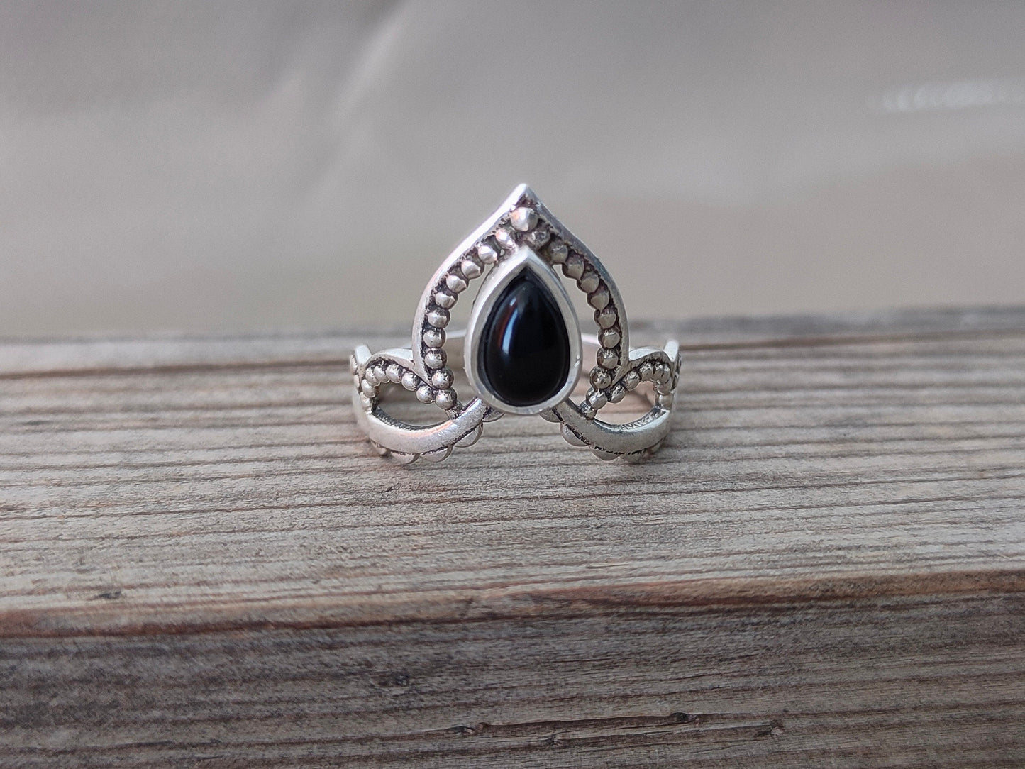 Black Onyx Pear sterling silver ring , handmade silver ring ,stacking silver ring , charm silver ring , handcrafted boho ring , silver ring