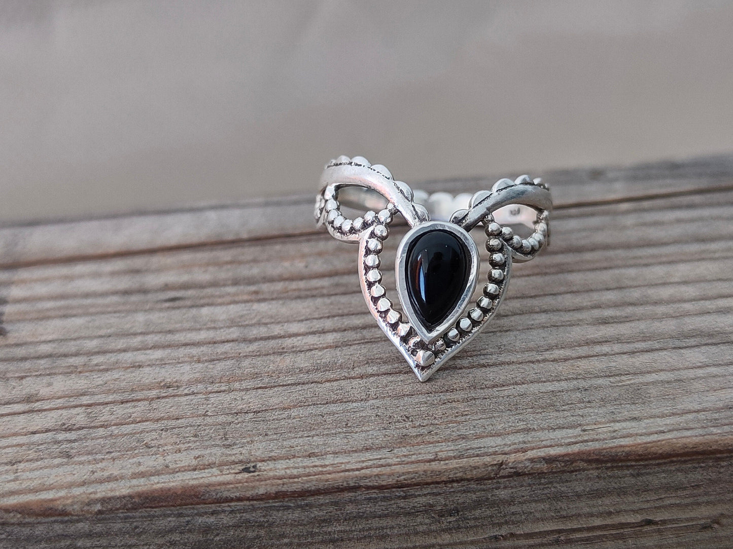 Black Onyx Pear sterling silver ring , handmade silver ring ,stacking silver ring , charm silver ring , handcrafted boho ring , silver ring