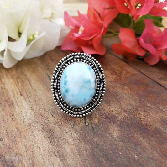 Natural Larimar top quality Stone ring - Cabochon ring - 925 sterling silver ring - Big pear shapering - wedding Rings - silver rings- gifts