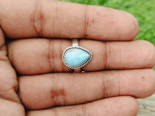 Natural Larimar top quality Stone ring - Cabochon ring - 925 sterling silver ring - Pear larimar ring  - wedding Rings - silver rings- gifts