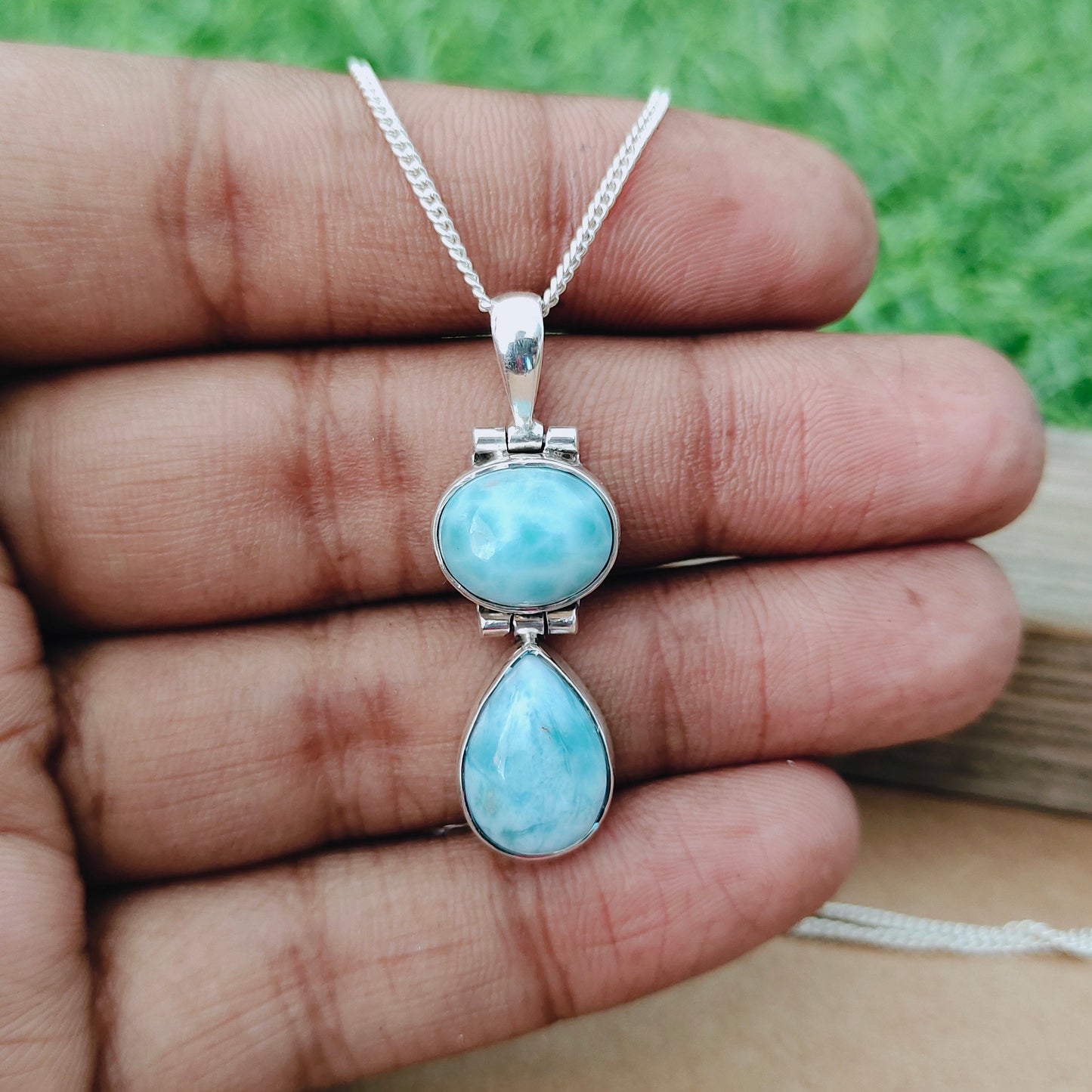 Larimar Two stones Beautiful designed necklace , handmade Beautiful pendant , Larimar pendant ,natural larimar stone pendant ,design pendant