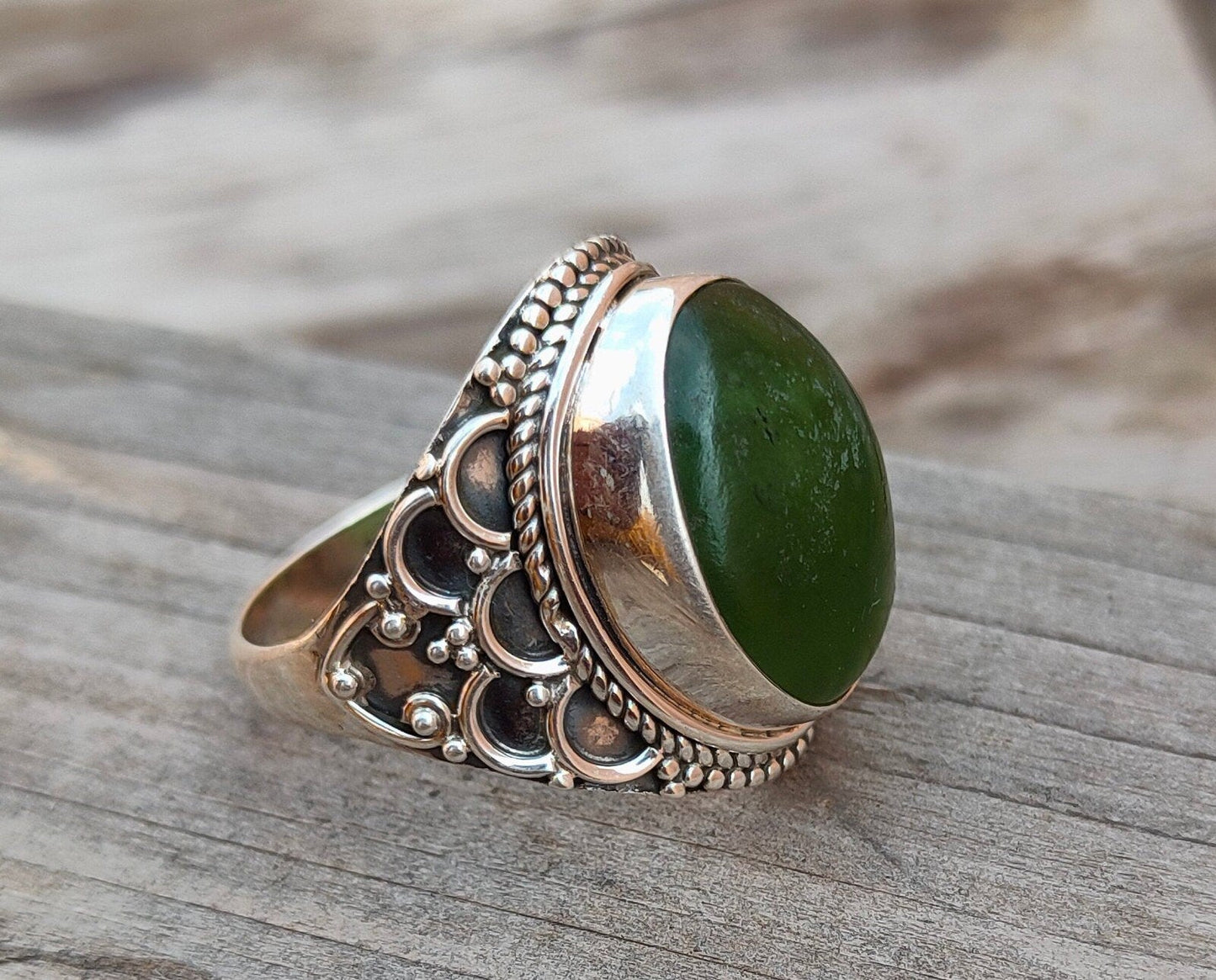 Boho Statement Ring - Green Jade Sterling Silver Ring - Hand Crafted Bohemian Ring-Bohemian Ring - Green Jade - Rings -Gift for