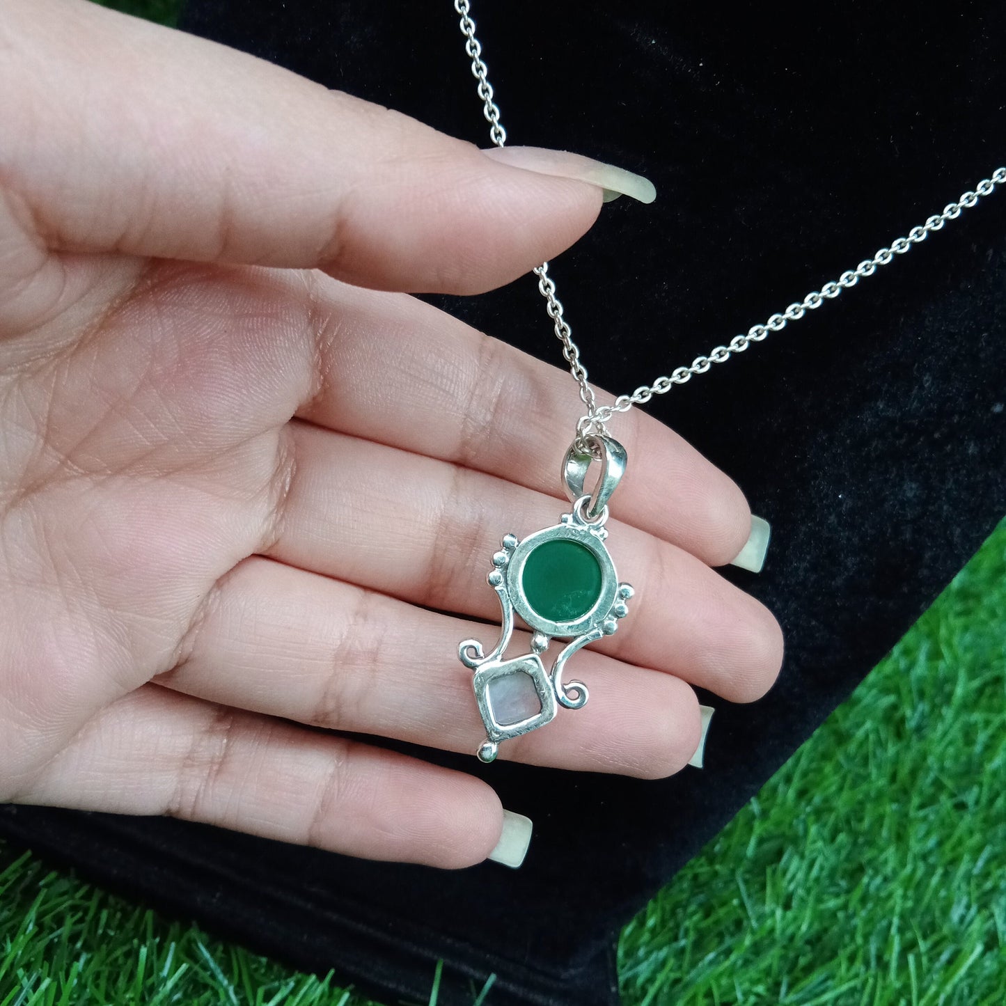 Natural Green onyx & Moonstone 925 sterling silver pendant, Dual stone Pendant, Green onyx and Moonstone Pendant,   gift for Women  ,