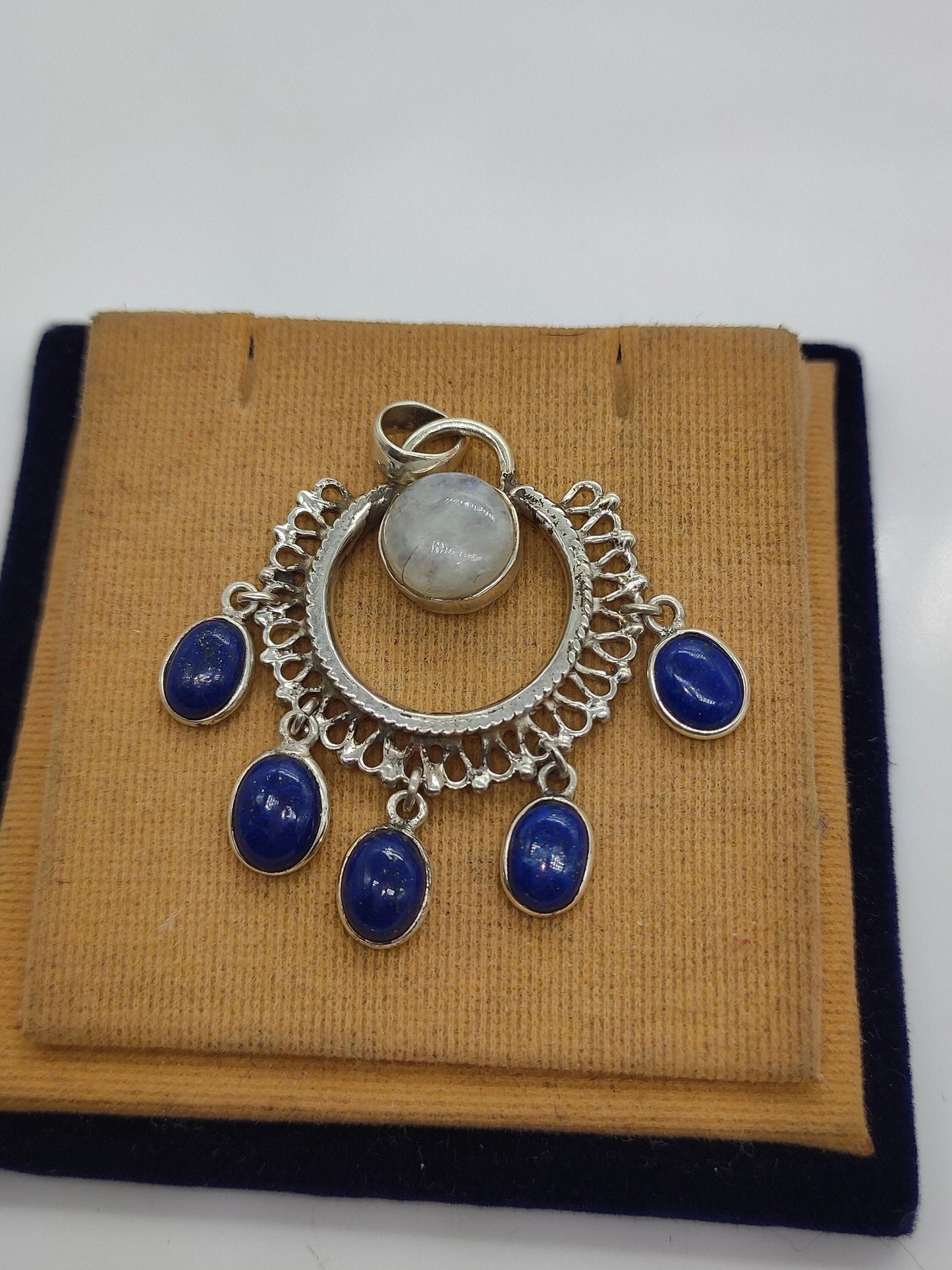 Rainbow Moonstone Pendant with lapis Stone bells  | Gorgeous Handmade Rainbow Moonstone Pendant | Boho Pendant Gift for Her