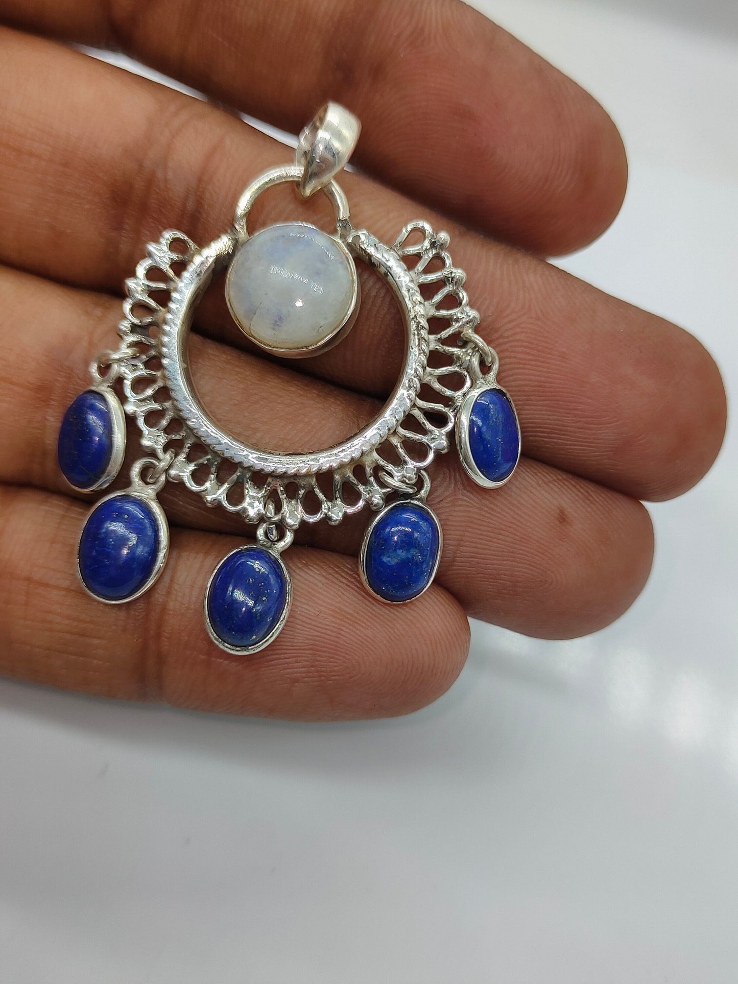 Rainbow Moonstone Pendant with lapis Stone bells  | Gorgeous Handmade Rainbow Moonstone Pendant | Boho Pendant Gift for Her