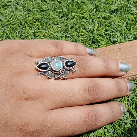 Moonstone and Black Onyx Tripple stone ring ,925 sterling silver, Tripple stone,handmade bohemian ring ,Moonstone and Black Onyx silver ring