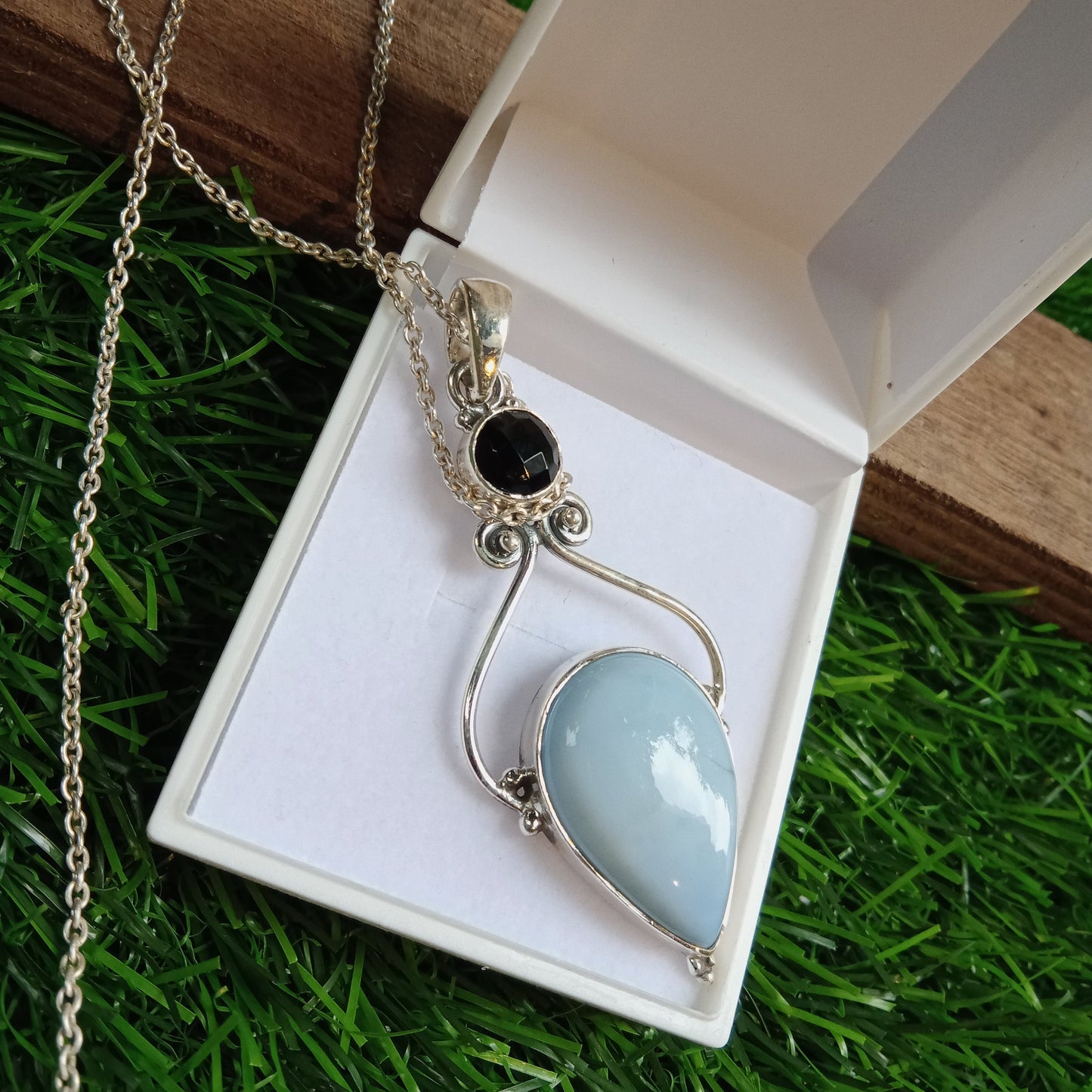 Larimar and black onyx stone Sterling silver Pendant, handmade pendant , Larimar & Black Onyx pendant , Dual Stone Pendant, Gift for Women