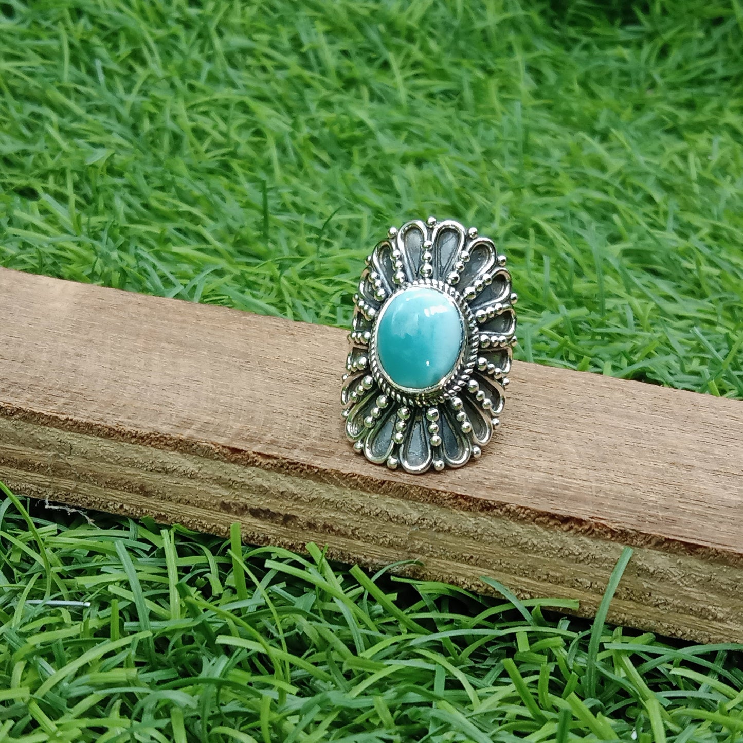 Larimar beautiful  Ring - Larimar Boho Statement Silver Ring - Hand Crafted Bohemian Ring-Bohemian Ring -big Size Ring - Rings -Gift for