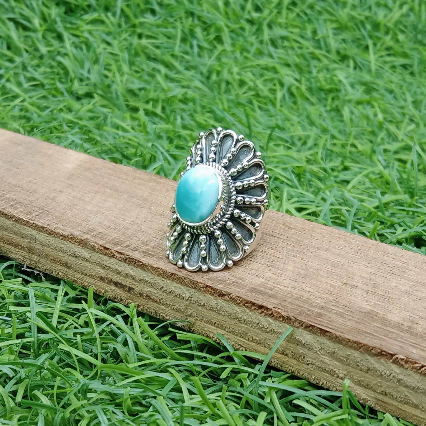Larimar beautiful  Ring - Larimar Boho Statement Silver Ring - Hand Crafted Bohemian Ring-Bohemian Ring -big Size Ring - Rings -Gift for