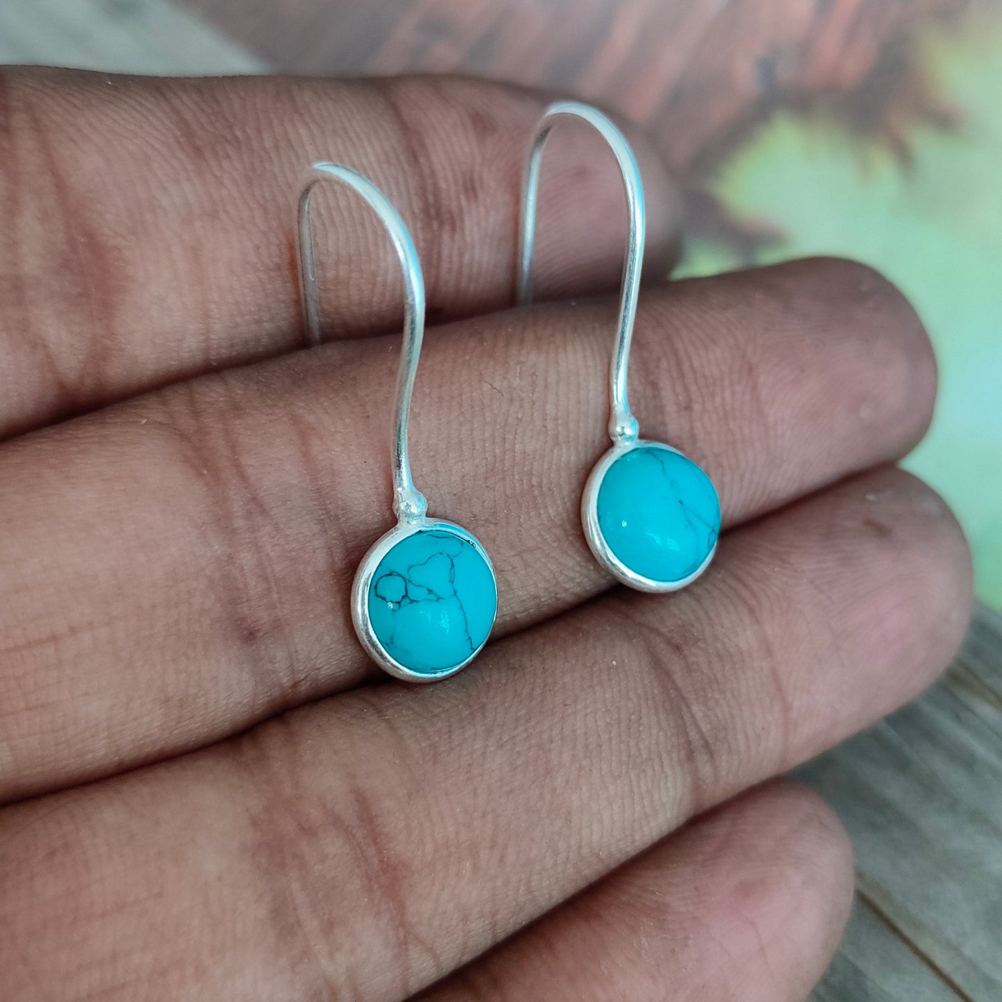 Turquoise Sterling Silver Handmade Earring | Turquoise Stone |  Round Shape | Silver Earrings | Boho Earrings Gift for Her , Simple earring