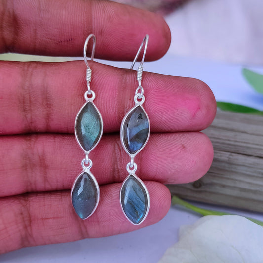 Labradorite Sterling Silver Handmade Earring | Labradorite Stone Labradorite long earrings  -Earrings -  Gift for Her - labradorite