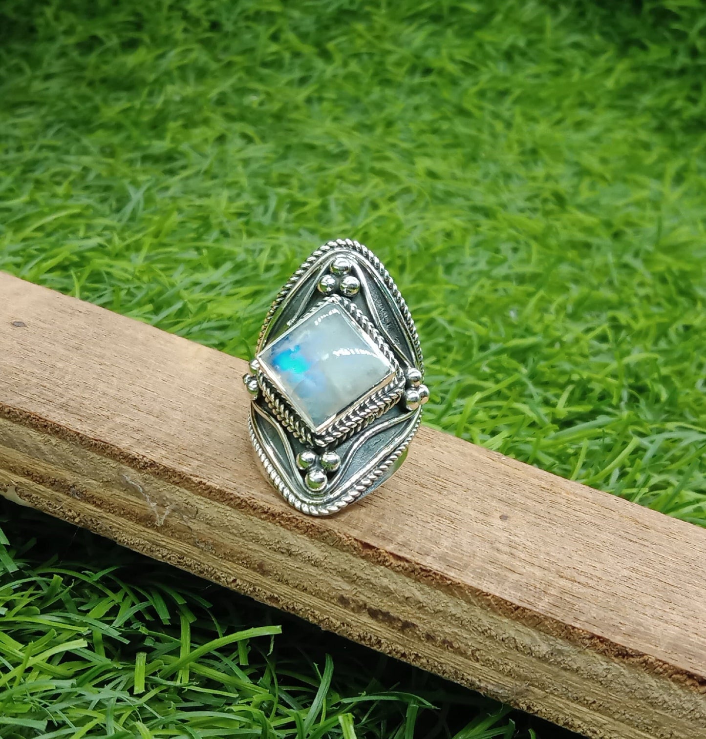 Moonstone Boho Ring - Rainbow Moonstone Sterling Silver Ring - Hand Crafted Bohemian Ring - Rainbow Moonstone-  Blue Flash Stone Ring
