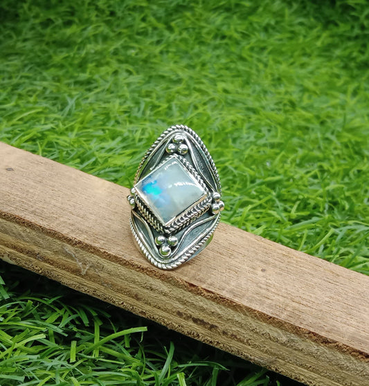 Moonstone Boho Ring - Rainbow Moonstone Sterling Silver Ring - Hand Crafted Bohemian Ring - Rainbow Moonstone-  Blue Flash Stone Ring