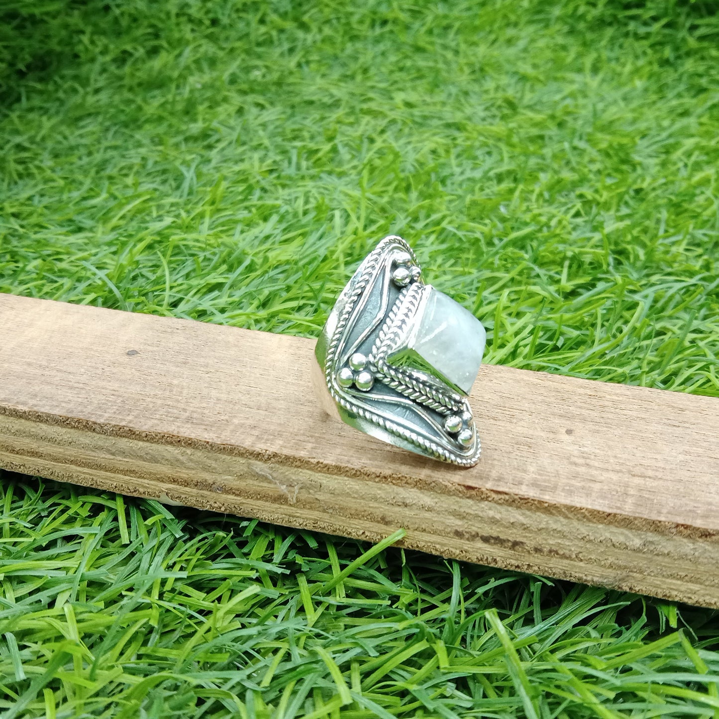 Moonstone Boho Ring - Rainbow Moonstone Sterling Silver Ring - Hand Crafted Bohemian Ring - Rainbow Moonstone-  Blue Flash Stone Ring