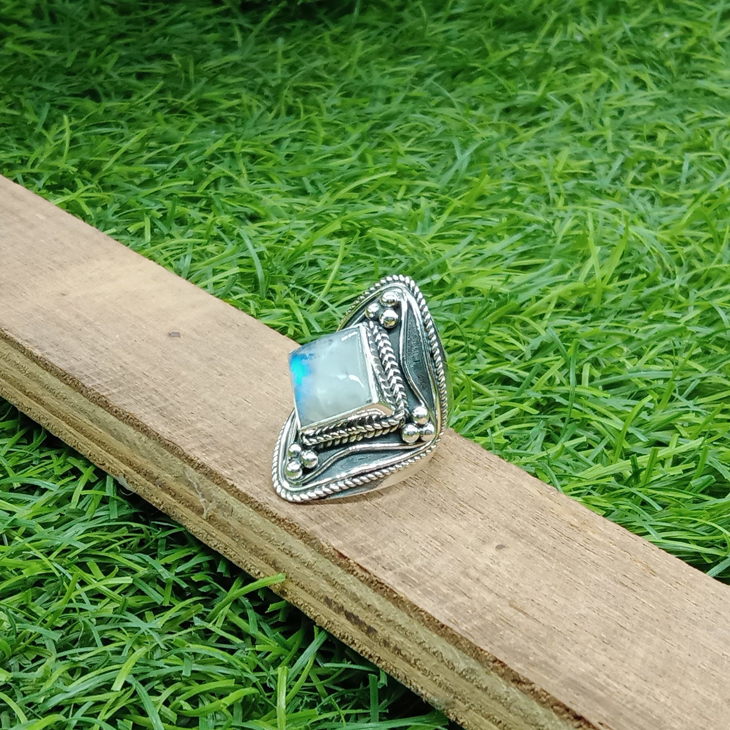 Moonstone Boho Ring - Rainbow Moonstone Sterling Silver Ring - Hand Crafted Bohemian Ring - Rainbow Moonstone-  Blue Flash Stone Ring
