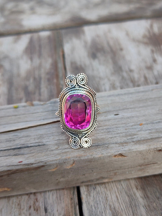 Boho Statement Ring - Pink Glass Sterling Silver Ring - Hand Crafted Bohemian Ring-Bohemian Ring - Pink Glass Rings -Gift for
