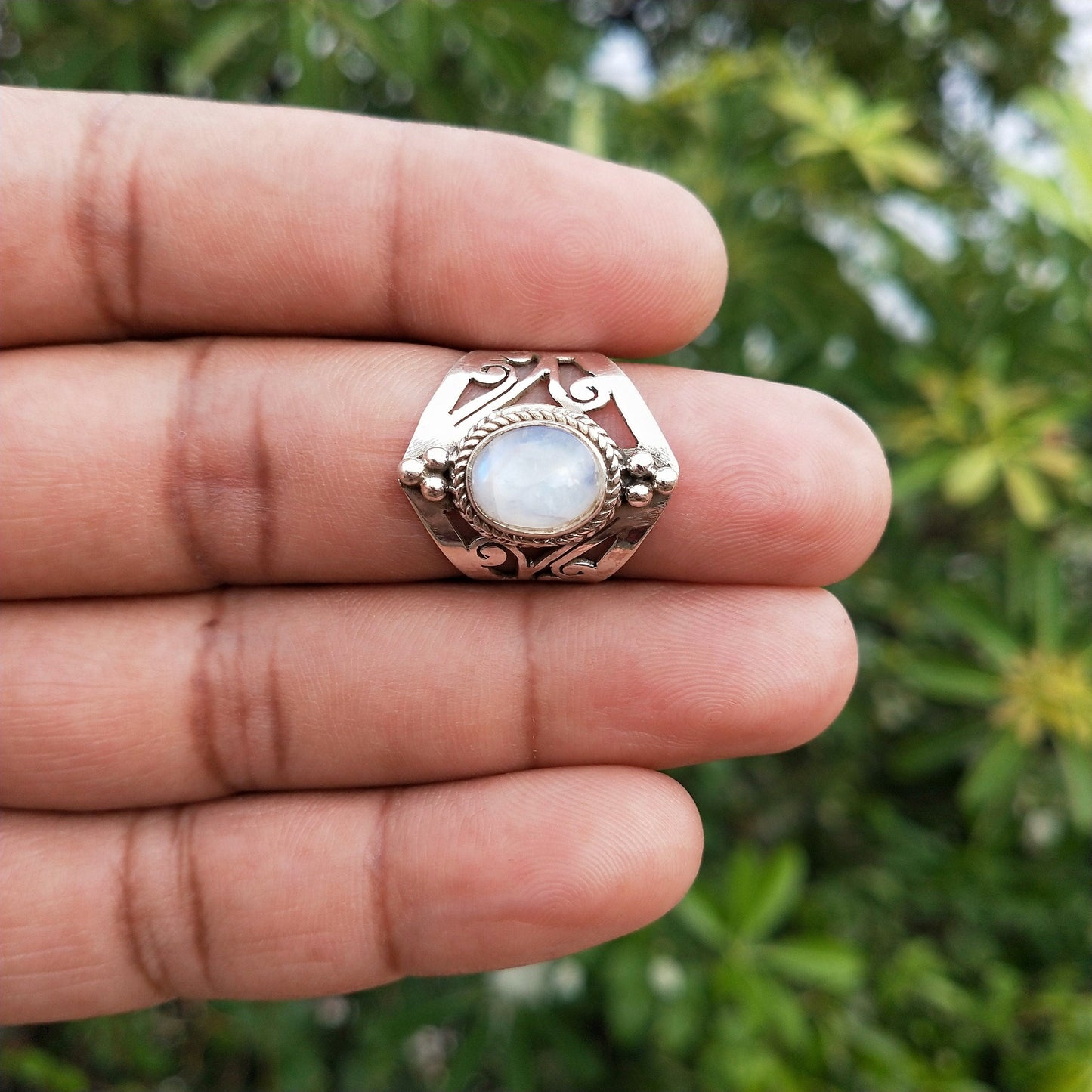 Boho Statement Ring -Rainbow Moonstone Sterling Silver Ring-Hand Crafted Bohemian Ring-Bohemian Ring-Rainbow moonstone Ring -Rings -Gift for