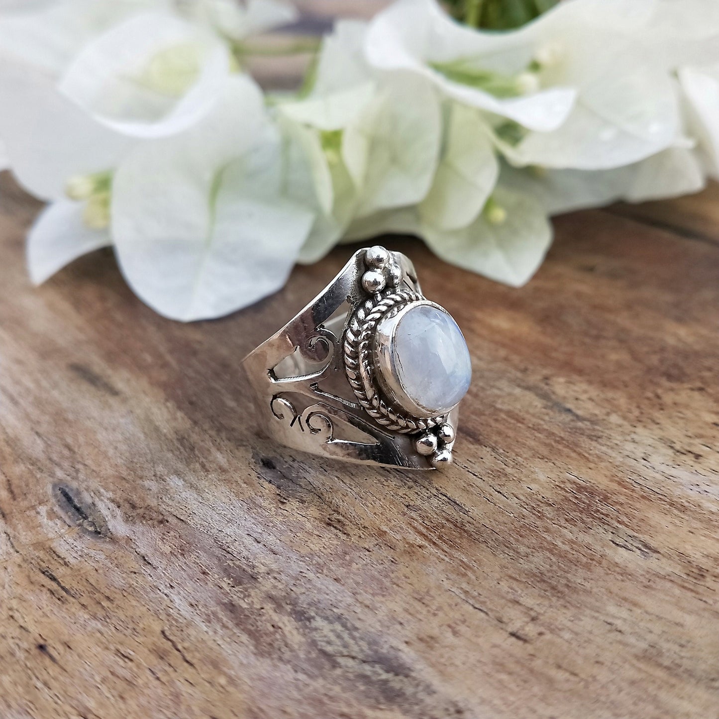 Boho Statement Ring -Rainbow Moonstone Sterling Silver Ring-Hand Crafted Bohemian Ring-Bohemian Ring-Rainbow moonstone Ring -Rings -Gift for
