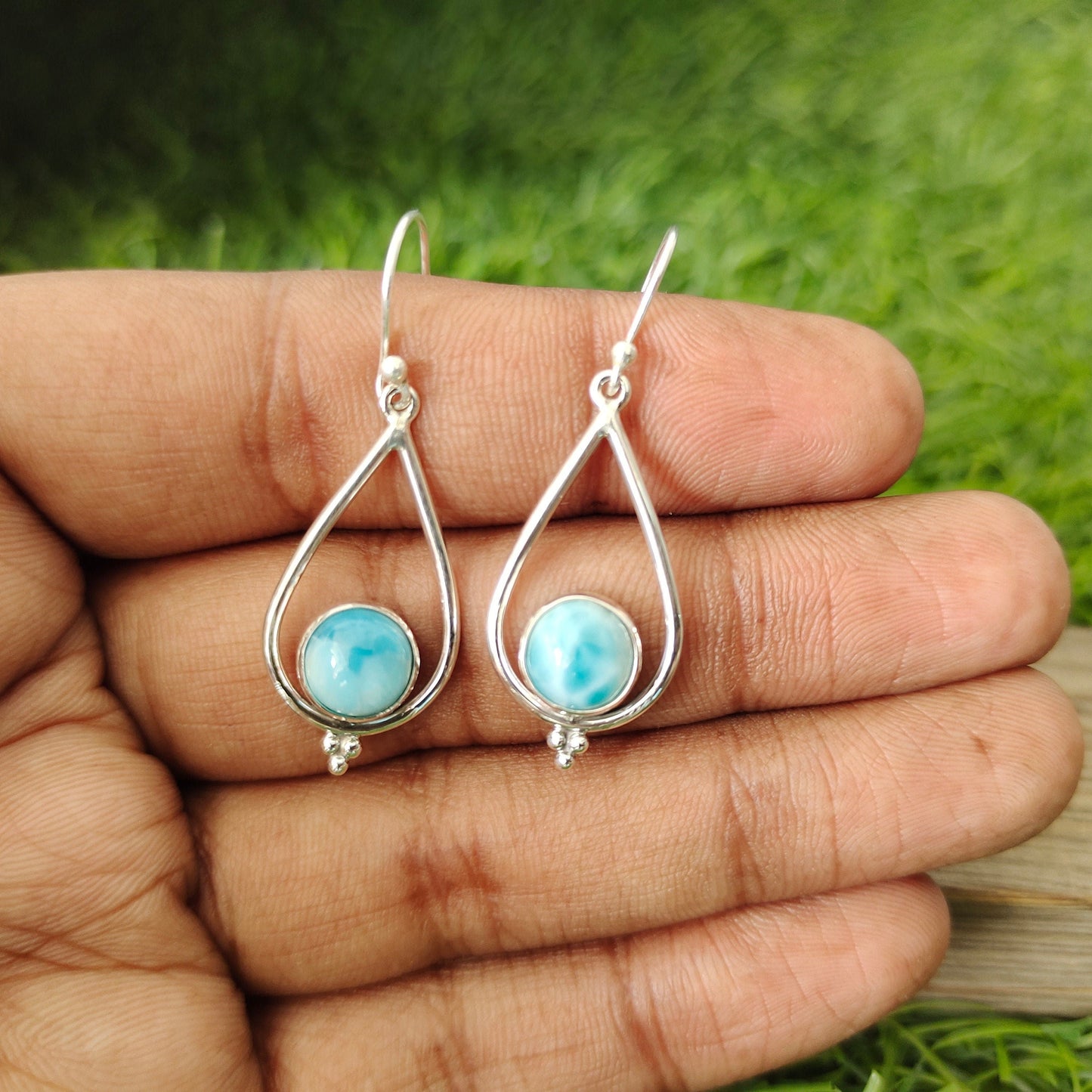 Larimar Sterling Silver Handmade Earring Larimar Stone Daily wearable Earrings in Round Shape Boho Earrings Gift for Her Unique Larimar