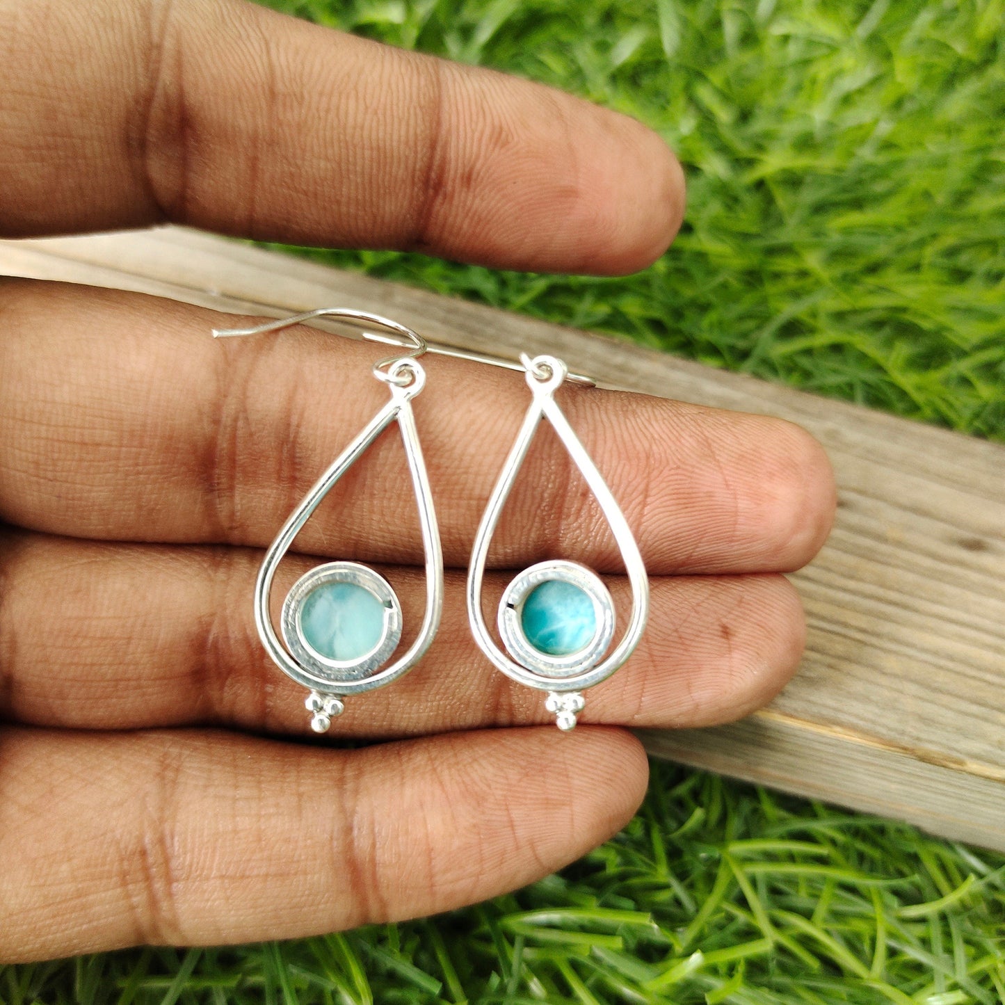 Larimar Sterling Silver Handmade Earring Larimar Stone Daily wearable Earrings in Round Shape Boho Earrings Gift for Her Unique Larimar