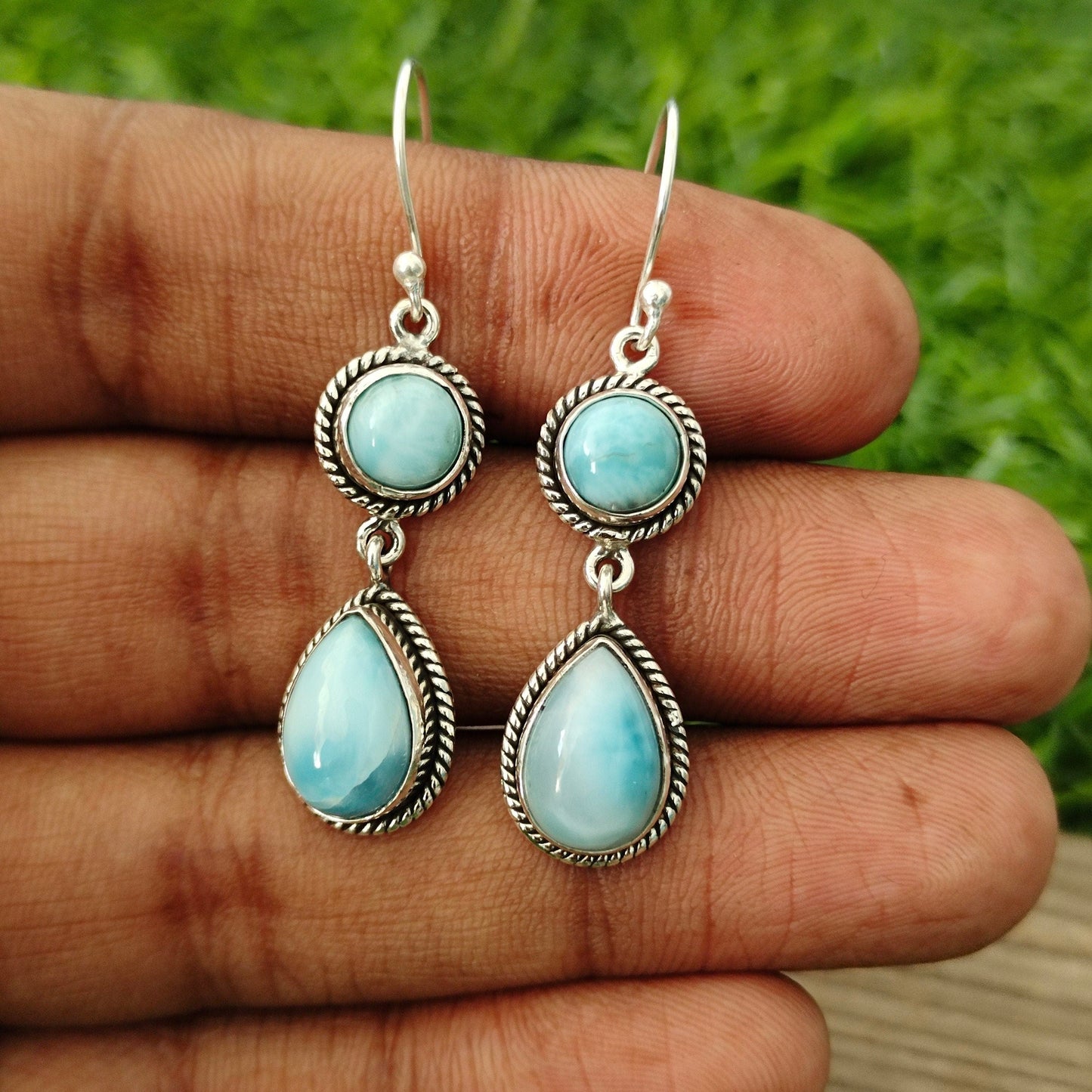 Natural Larimar Gemstone  Silver Handmade Earring Sunstone Daily wearable Earrings in Round Shape Bezel Earrings Gift for Her