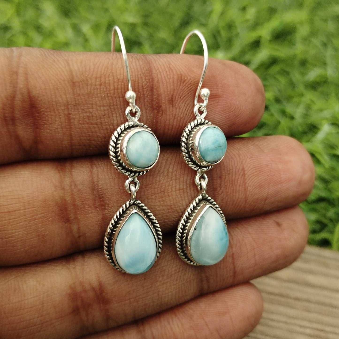 Natural Larimar Gemstone  Silver Handmade Earring Sunstone Daily wearable Earrings in Round Shape Bezel Earrings Gift for Her