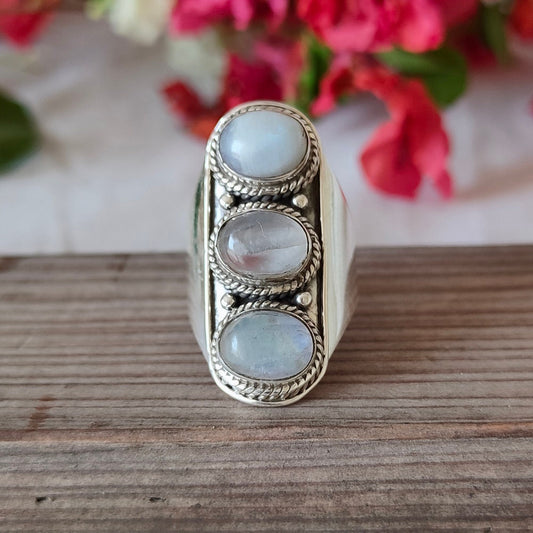 rainbow Moonstone  Boho  Ring,925 Sterling Silver Ring, Moonstone  3stone ring - Bohemian Ring, Moonstone ring- Rings - Gift for her , Rings