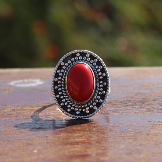 Boho Statement Ring -Coral stone  Sterling Silver Ring - Hand Crafted Bohemian Ring - Bohemian Ring Coral Ring - Rings - Gift for minimalist