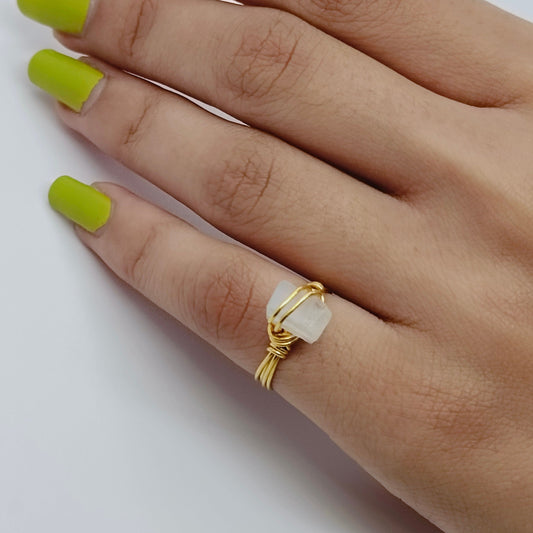 Moon Stone Silver gold plated ring, Handmade wire wrap crystal gemstone ring, Sterling Silver ring, Raw moon stone wire ring