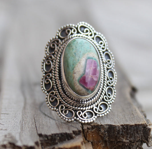 Boho Statement Ring - Ruby fuchsite Stone Sterling Silver Ring - Hand Crafted Bohemian Ring-Bohemian Ring -Ruby fuchsite - Rings - Gift for