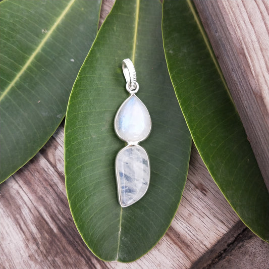 Rainbow Moonstone Dual stone Pendant in Solid 925-Sterling Silver | Gorgeous Handmade Rainbow Moonstone Pendant | Boho Pendant Gift for Her