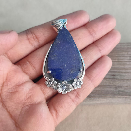 Natural Lapis Lazuli pendant , handcrafted bohemian pendant , lapis stone pendant , flower designed pendant , big size pendant , bohemian