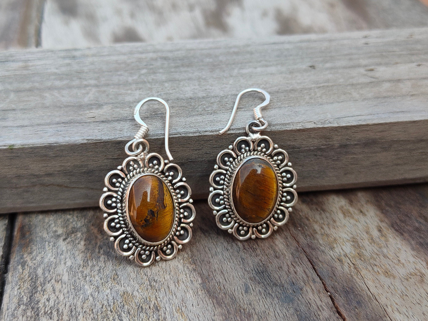 925 Tiger Eye Sterling Silver Handmade Earring Tiger Eye stone Daily wearable Earrings in Oval Shape Boho Earrings Gift for Her