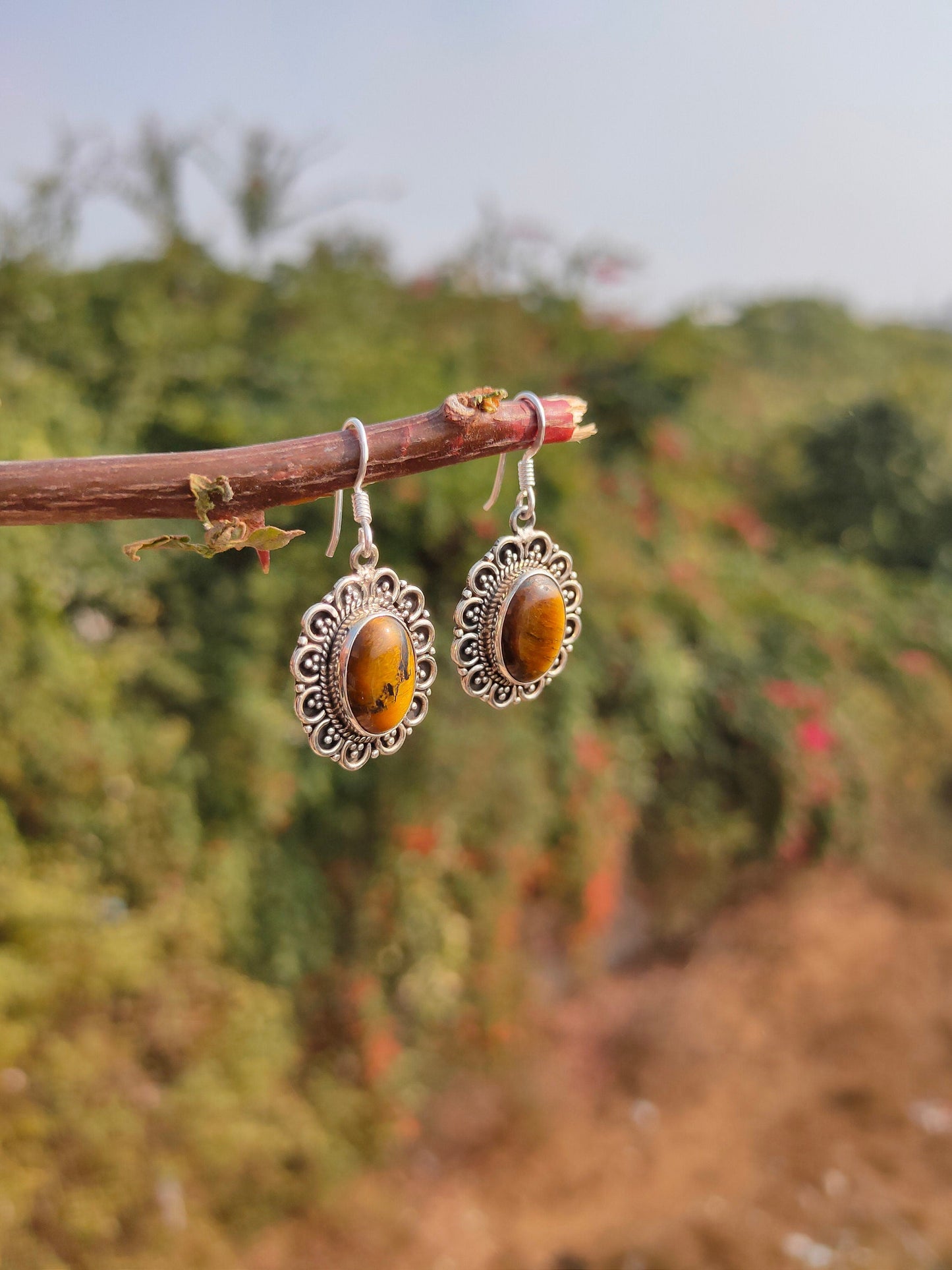 925 Tiger Eye Sterling Silver Handmade Earring Tiger Eye stone Daily wearable Earrings in Oval Shape Boho Earrings Gift for Her