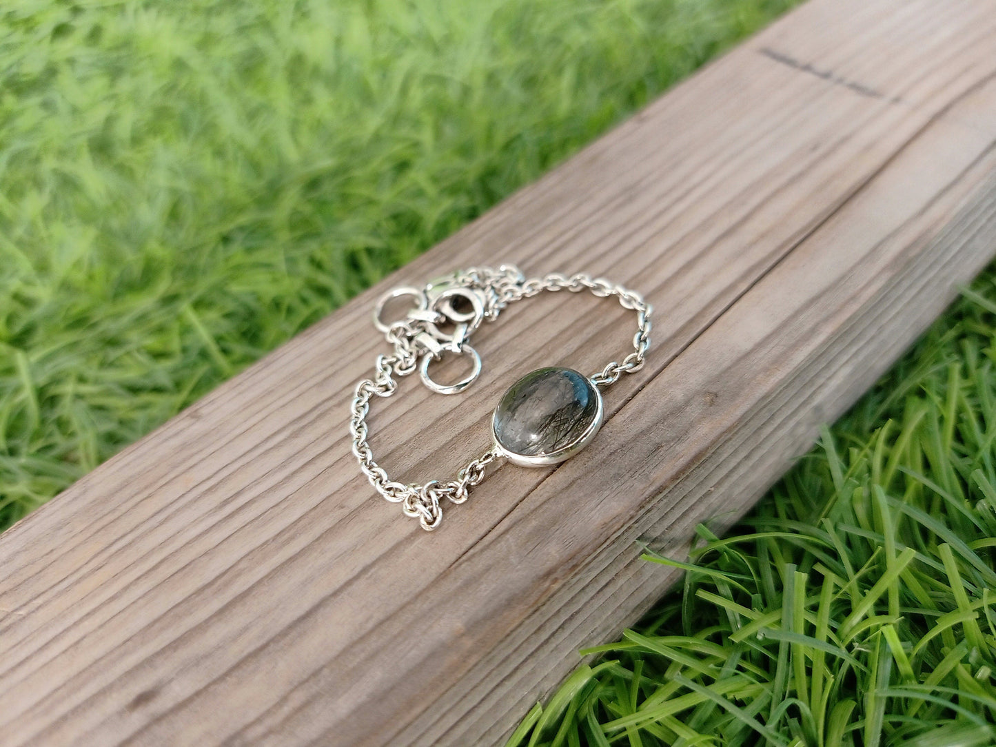 Black Rutile Gemstone bracelet-Silver Beaded Bracelet -925 Silver Bracelet- Dainty Silver Bracelet for Women Bracelets- Silver- Black Rutile