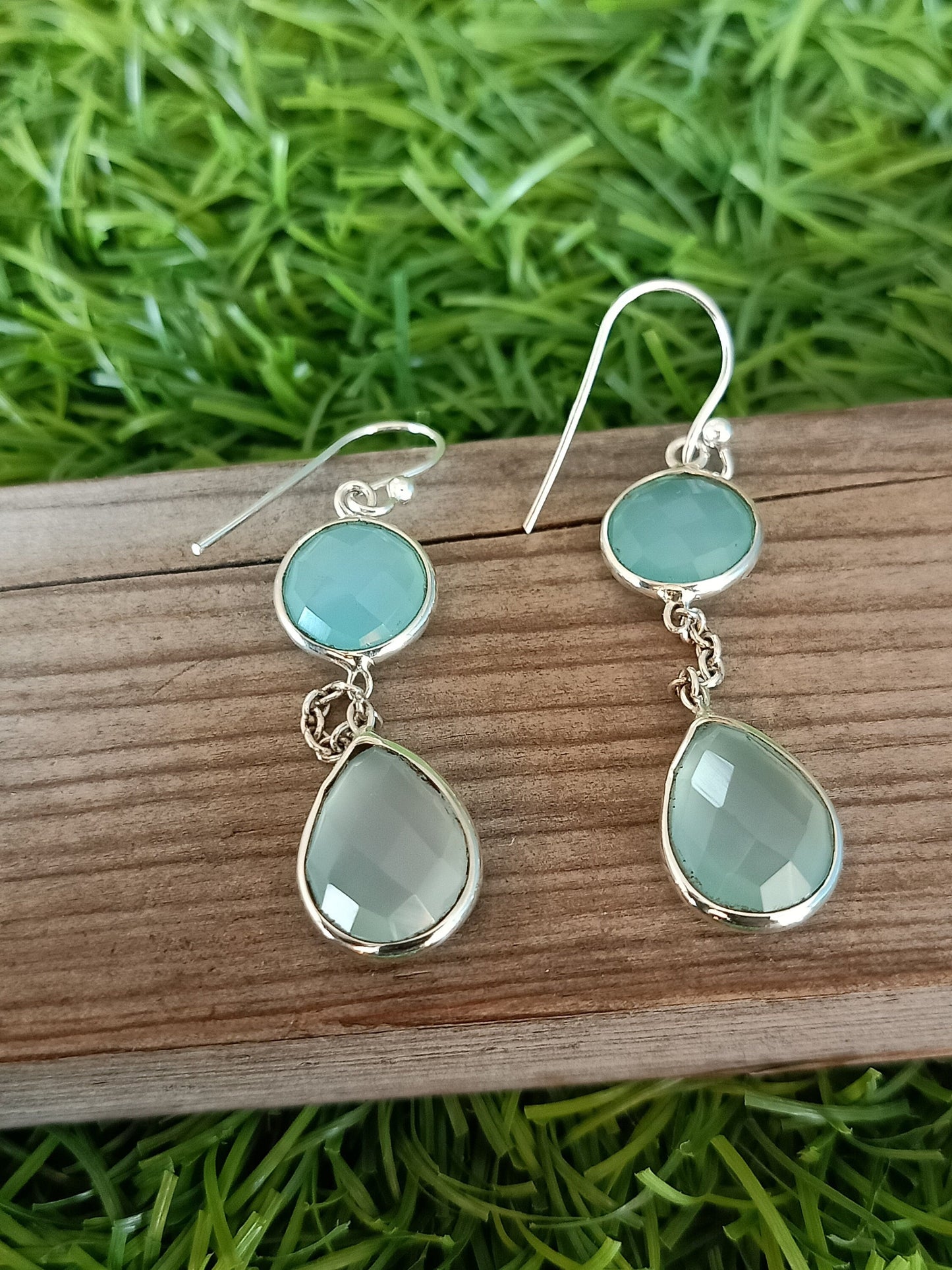 Blue Calci Aqua Quartz Silver Handmade Earring Sunstone Daily wearable Earrings in Round Shape Bezel Earrings Gift for Her