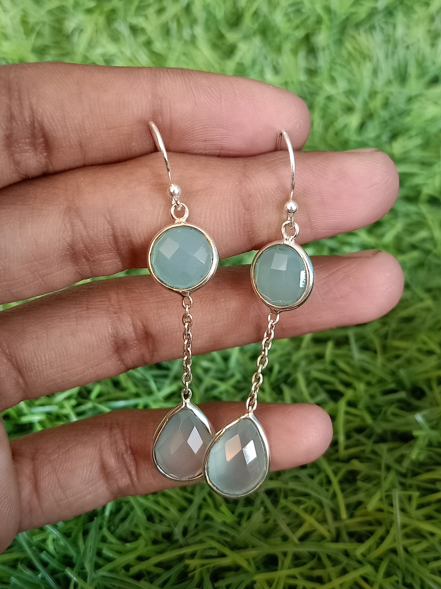 Blue Calci Aqua Quartz Silver Handmade Earring Sunstone Daily wearable Earrings in Round Shape Bezel Earrings Gift for Her