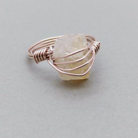 Citrine stone sterling silver rose gold plated ring - wired ring - Raw Gemstone  Ring- Hand Crafted Bohemian Ring  - summer gift